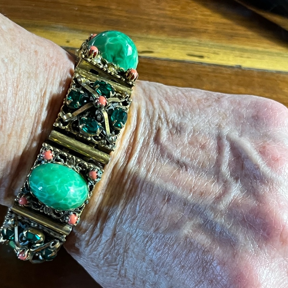 Vintage Victorian Revival Green and Gold Panel Bracelet with safety chain